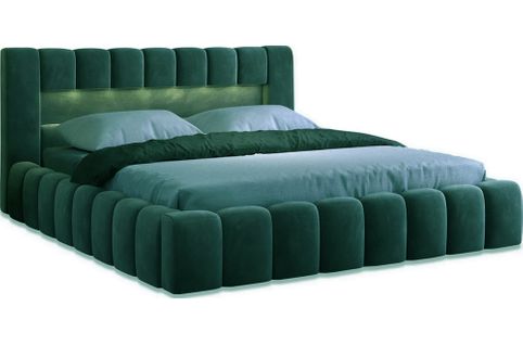 Lit 180x200 Rembourré En Velours Luxe Avec Coffre Et Éclairage LED, Vert, Lana