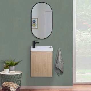 Meuble Lave-mains Lisa Décor Chêne + Robinet Noir + Miroir Ovale