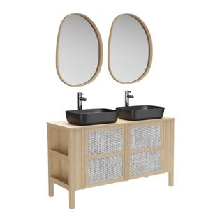 Meuble Double Vasque 130cm Chêne Nesto Cannage + Vasque + Robinet + Miroir