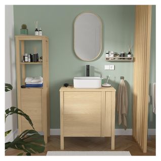 Meuble Simple Vasque 70cm Chêne Nesto + Vasque + Robinet + Miroir + Colonne