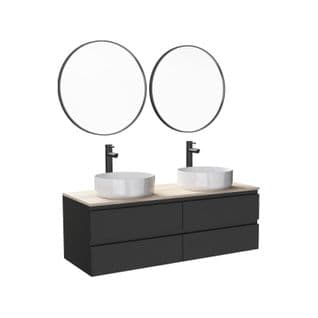Meuble Double Vasque 120cm Avec Plan Bois Sorrento Noir +vasque+robinet+miroir