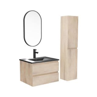 Meuble Simple Vasque 60cm Sorrento Chêne+vasque Noire+robinet+miroir+colonne
