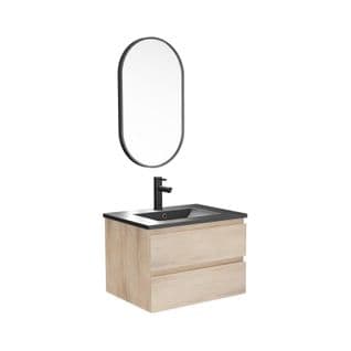 Meuble Simple Vasque 60cm Sorrento Décor Chêne+vasque Noire+rob+miroir Ovale