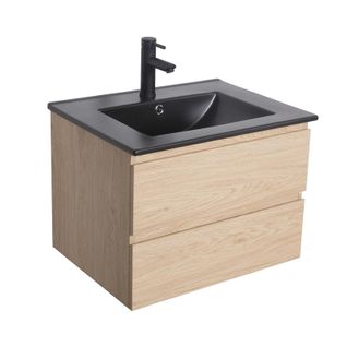 Meuble Simple Vasque 60cm Sorrento Décor Chêne Naturel + Vasque Noire +robinet
