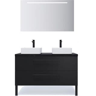 Meuble De Salle De Bain 2 Vasques Posées 120cm 2 Tiroirs Noir + Miroir - Glasgow