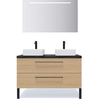 Meuble De Salle De Bain 2 Vasques Posées 120cm 2 Tiroirs Chêne + Miroir - Glasgow