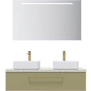 Meuble De Salle De Bain 2 Vasques Posées 120cm 1 Tiroir Vert + Miroir - Glasgow