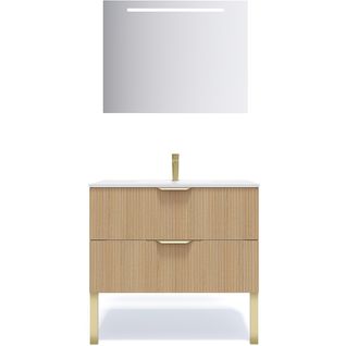 Meuble De Salle De Bain Vasque Intégrée 90cm 2 Tiroirs Cannelé + Miroir - Venice