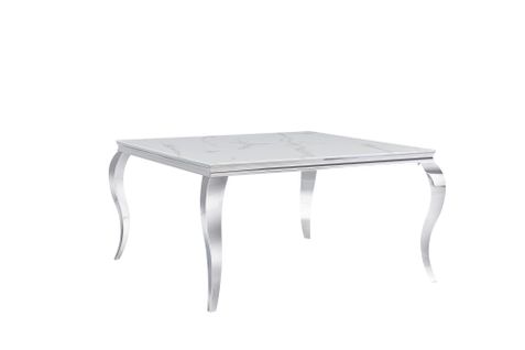 Table à Manger Carré Baroque Chrome Marbre Blanc 140x140 Cm