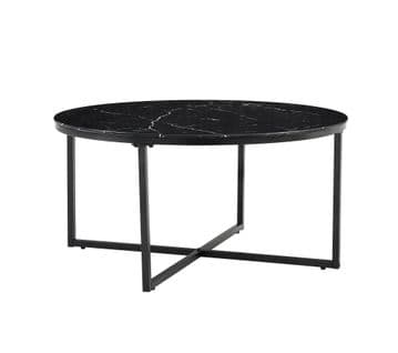 Table Basse Ronde Lorie Métal Noir Plateau En Verre Marbré Noir D90 Cm