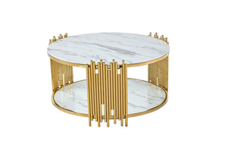 Table Basse Ronde Stick Gold Verre Effet Marbre Blanc D90 H45 Cm