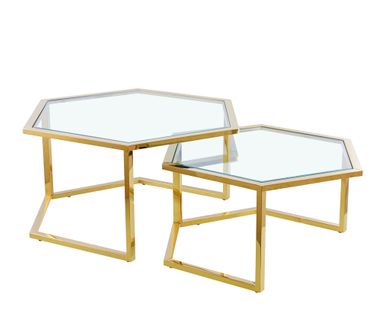 Lot De 2 Tables Basses Gigogne Hexagona Gold Et Plateau Verre Transparent