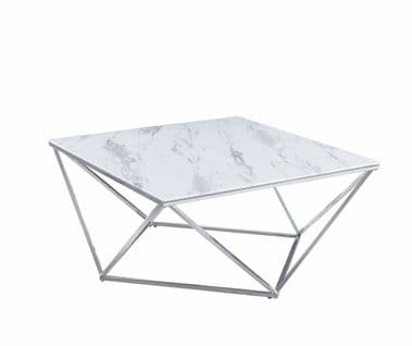 Table Basse Carré Alina Plateau En Verre Marbré Blanc Pieds Chromés 80x80x45 Cm