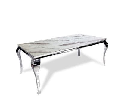 Table à manger BAROQUE Chrome verre Marbre blanc 4 à 6 couverts 150 x 90 cm