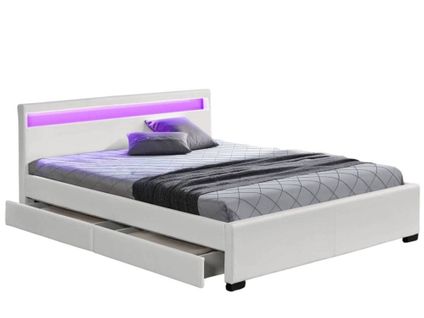 Lit Adulte 140x190 Cm Tiroirs Et LED Blanc Sommier Inclus