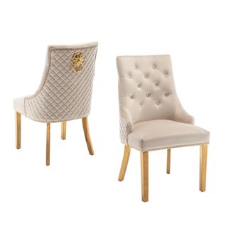 Lot De 2 Chaises Lion Mattelassée Et Cloûtée Gold Velours Beige