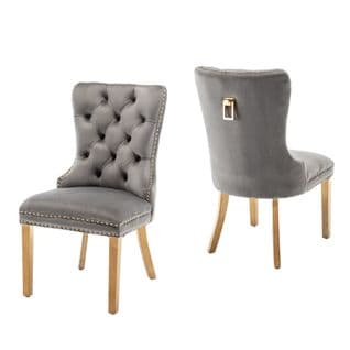 Lot De 2 Chaises Poignee Cloûté En Velours Anthracite Pied Gold