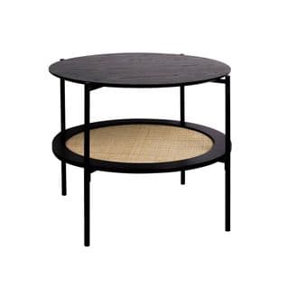 Table Basse Coloris Noir Vintage Double Plateaux Effet Bois Et Cannage. Piètement Et Structure En