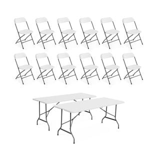Lot De 2 Tables De Réception Pliables En Plastique Blanc 180cm + 12 Chaises D'appoint. Table De