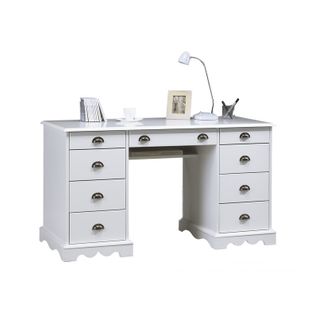 Bureau 2 Caissons Blanc 9 Tiroirs De Style Anglais L 137.5 H 74.7 P 58.3 Cm