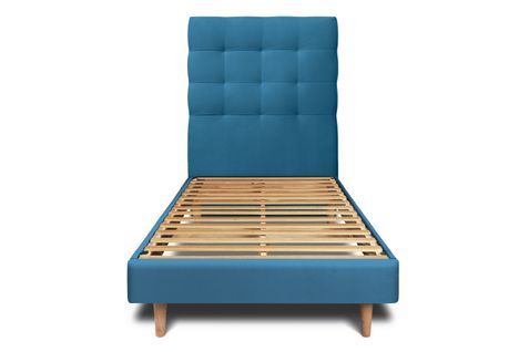 Lit 90x190cm Avec Tête De Lit Capitonnee Velours Et Sommier Kit Bleu