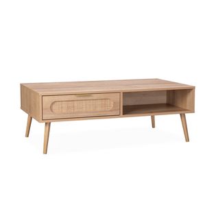 Table Basse. Eva.  Scandinave En Cannage Arrondi Et En Décor Bois. 1 Tiroir Réversible L110 X L59 X