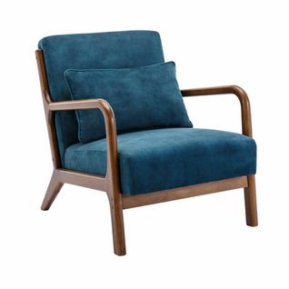 Fauteuil En Velours Bleu Pétrole. Pieds Bois D'hévéa Teinté Noyer Clair. 1 Place Droit Fixe. Pieds