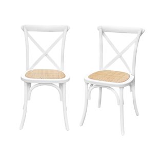 Lot De 2 Chaises De Bistrot En Bois D'hévéa Blanc. Vintage. Assise En Rotin. Empilables