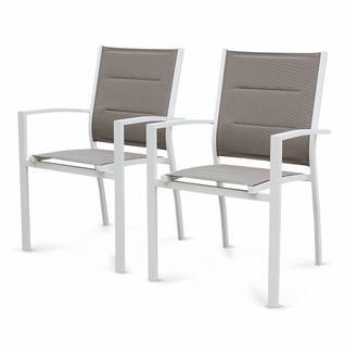 Lot De 2 Fauteuils Chicago - Aluminium Blanc Et Textilène Taupe. Empilables