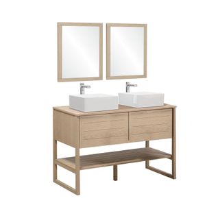 Meuble De Salle De Bain L120 Cm Avec Vasques Et Miroirs Bois Clair