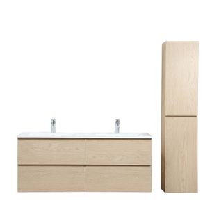 Meuble Double Vasque 120cm Avec Plan Céramique Sorrento Décor Chêne + Colonne