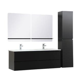 Meuble Double Vasque 120cm Avec Plan Céramique Sorrento Noir + Miroir +colonne