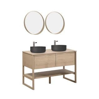 Meuble De Salle De Bain Chêne 120 Cm + 2 Miroirs Ronds 60 Cm + 2 Vasques Rondes Noires 37 Cm