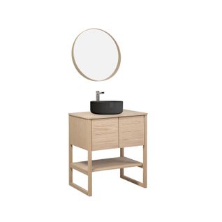 Meuble De Salle De Bain Chêne 70 Cm Atoll + Miroir Rond 60 Cm + Vasque Ronde Noire 37 Cm