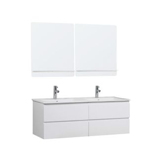 Meuble Double Vasque 120cm Avec Plan Céramique Sorrento Blanc + Miroir