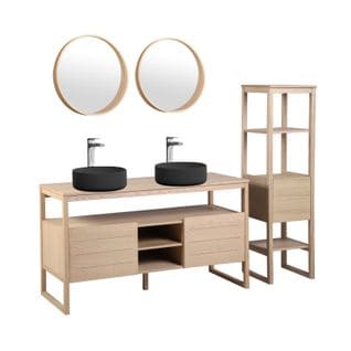 Meuble Sous Vasque Plaqué Chêne Naturel Atoll 140cm +vasque Noire+miroir+co