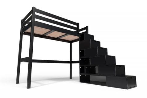 Lit Mezzanine Sylvia Avec Escalier Cube Bois, Couleur: Noir, Dimensions: 90x200