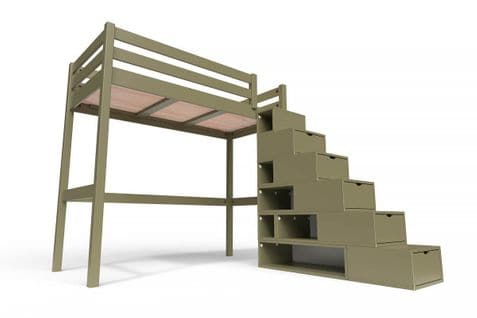 Lit Mezzanine Sylvia Avec Escalier Cube Bois, Couleur: Taupe, Dimensions: 90x200
