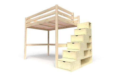 Lit Mezzanine Sylvia Avec Escalier Cube Bois, Couleur: Vernis Naturel, Dimensions: 140x200