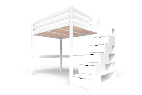 Lit Mezzanine Sylvia Avec Escalier Cube Bois, Couleur: Blanc, Dimensions: 140x200