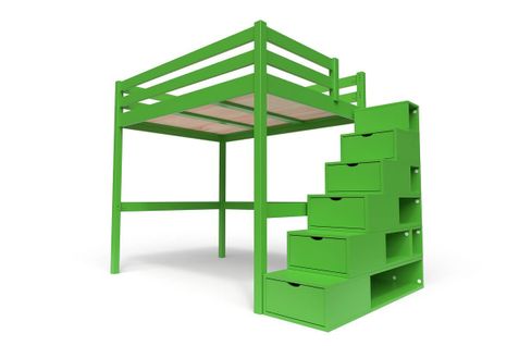 Lit Mezzanine Sylvia Avec Escalier Cube Bois, Couleur: Vert, Dimensions: 140x200