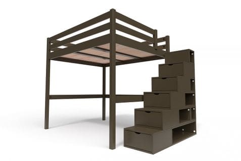 Lit Mezzanine Sylvia Avec Escalier Cube Bois, Couleur: Wengé, Dimensions: 160x200