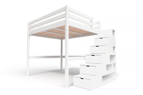 Lit Mezzanine Sylvia Avec Escalier Cube Bois, Couleur: Blanc, Dimensions: 160x200