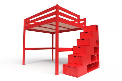 Lit Mezzanine Sylvia Avec Escalier Cube Bois, Couleur: Rouge, Dimensions: 160x200
