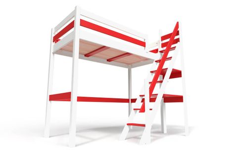 Lit Mezzanine Sylvia Avec Escalier De Meunier Bois, Couleur: Blanc/rouge, Dimensions: 90x200