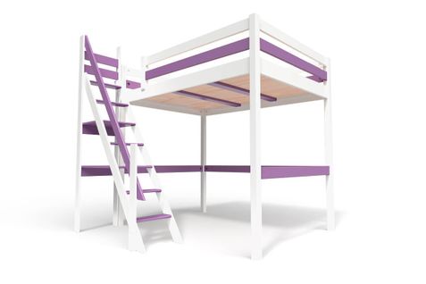 Lit Mezzanine Sylvia Avec Escalier De Meunier Bois, Couleur: Blanc/lilas, Dimensions: 120x200