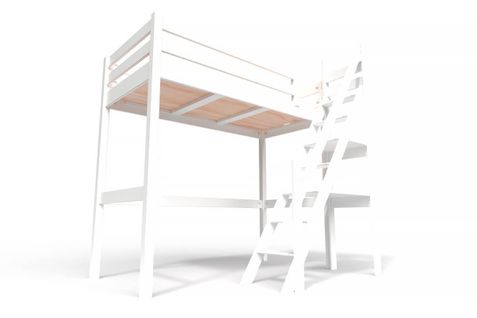 Lit Mezzanine Sylvia Avec Escalier De Meunier Bois, Couleur: Blanc, Dimensions: 90x200