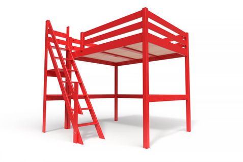 Lit Mezzanine Sylvia Avec Escalier De Meunier Bois, Couleur: Rouge, Dimensions: 140x200