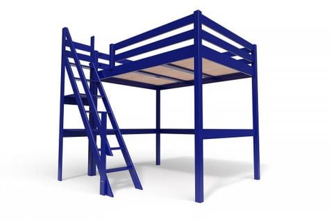 Lit Mezzanine Sylvia Avec Escalier De Meunier Bois, Couleur: Bleu Foncé, Dimensions: 140x200