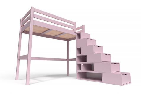 Lit Mezzanine Sylvia Avec Escalier Cube Bois, Couleur: Violet Pastel, Dimensions: 90x200